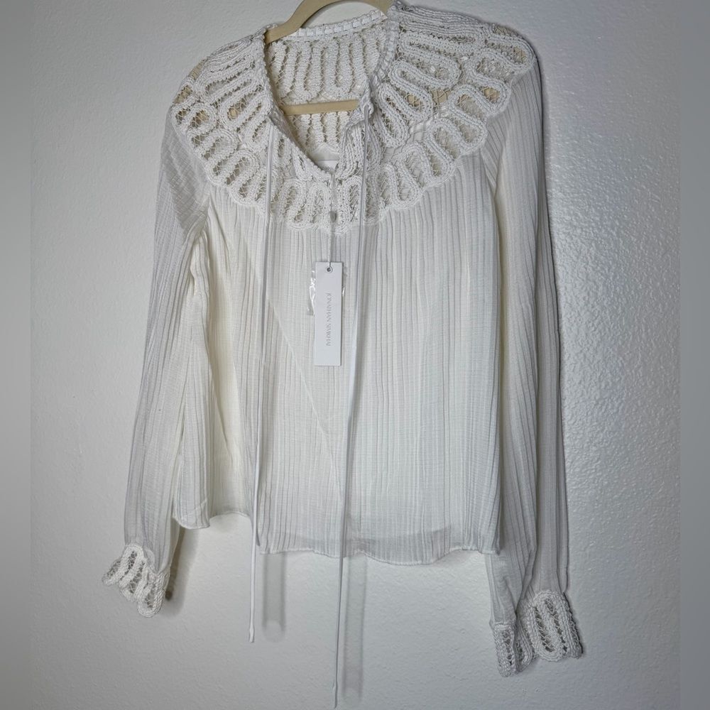 NWT ✨ Jonathan Simkhai Romantic Lace Trim Pleated Blouse Small - Picture 1 of 7